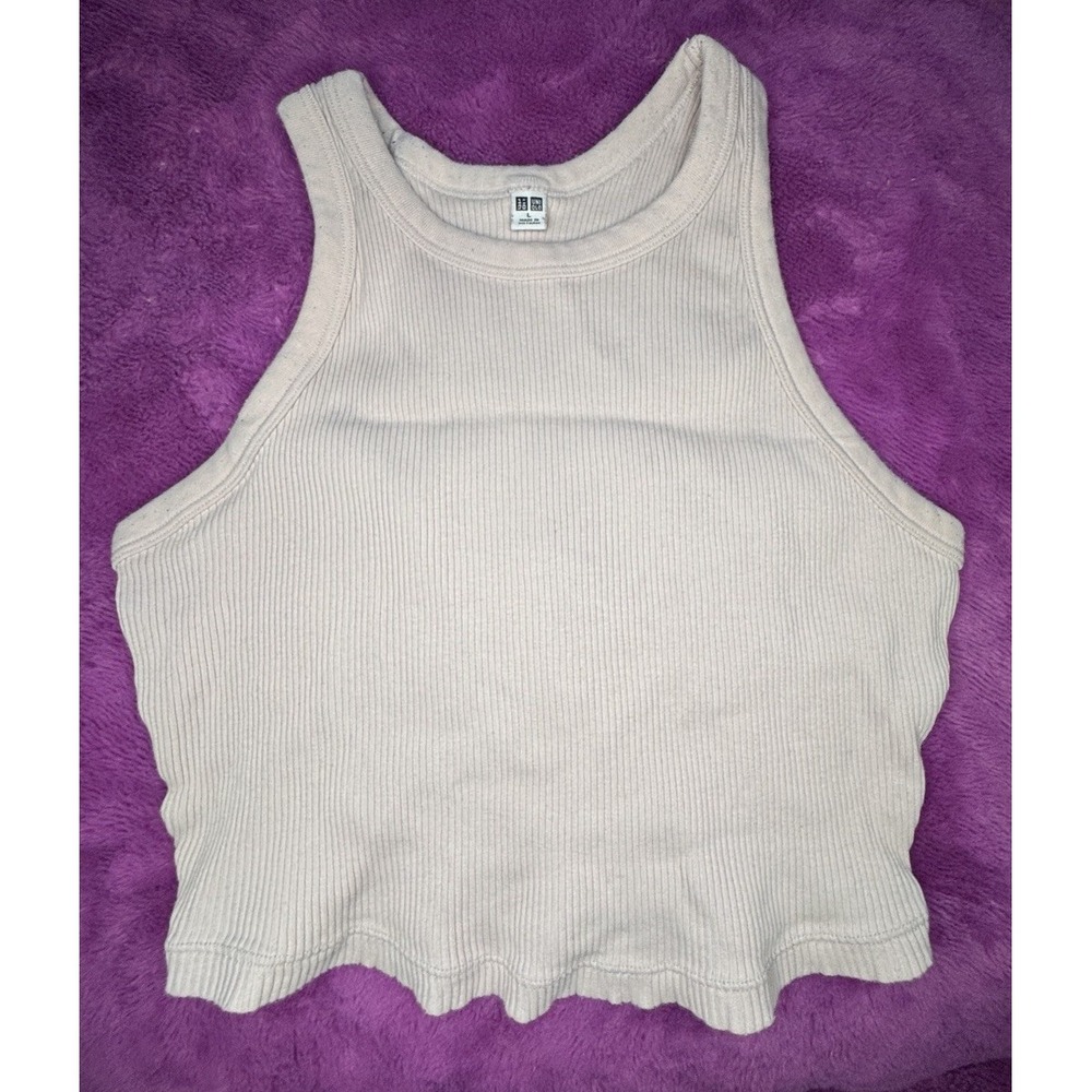 Uniqlo Knit Cropped Tank Top Shirt Womens Medium Black Sleeveless Cute Pink